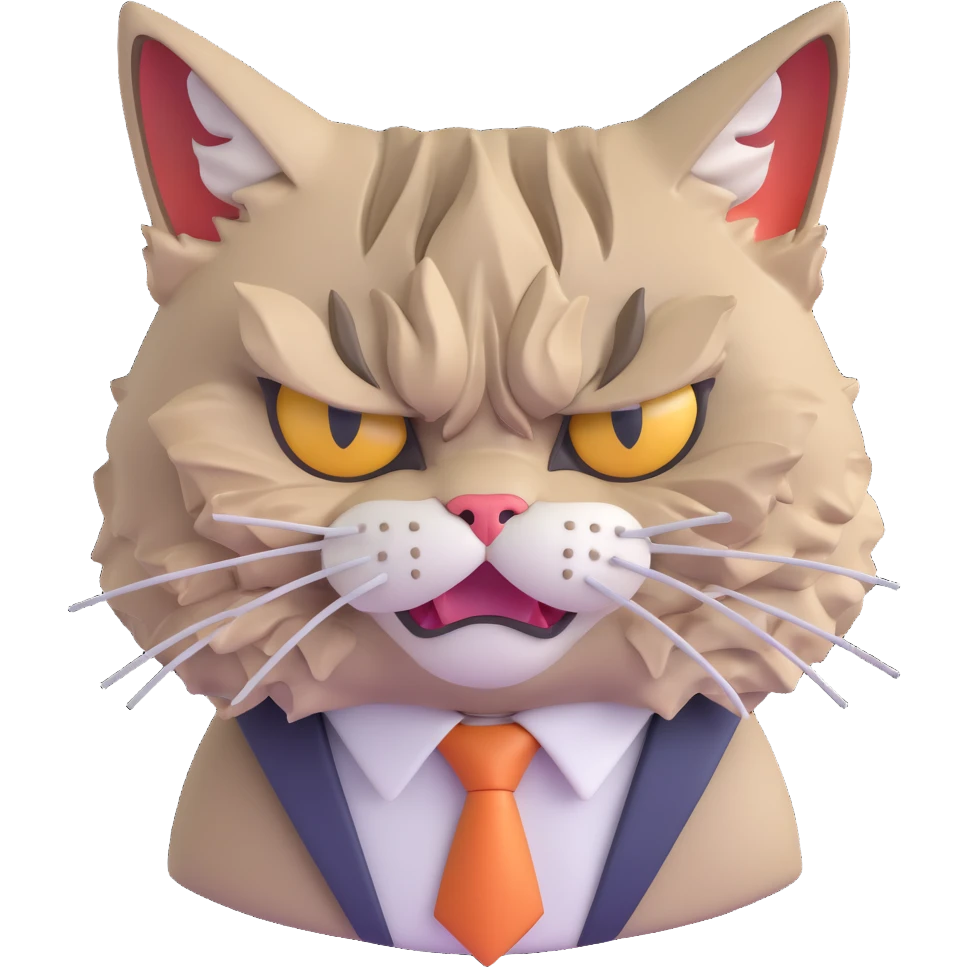 close-up of furious office cat's face with ruffled fur, tie visible, facepalming in exasperation, eyes narrowed, fed up with endless dumb questions, no table or background, just the cat's face emoji
