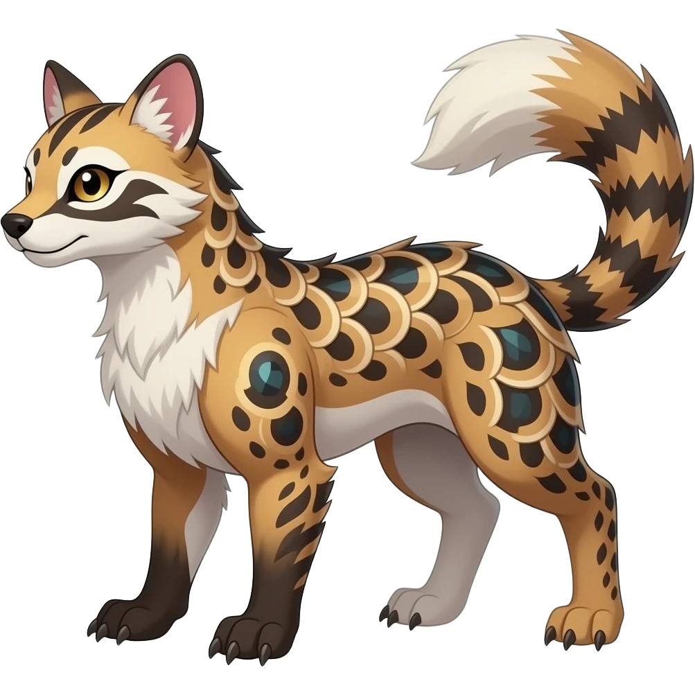 unique-patterned finned epic legendary vintage antique aesthetic quadrupedal fuzzy fury scaly feral fantasy-Civet-Litten-Luxray-Shinx-Luxio-Vaporeon-Furret-Fakémon-fusion-hybrid-creature emoji
