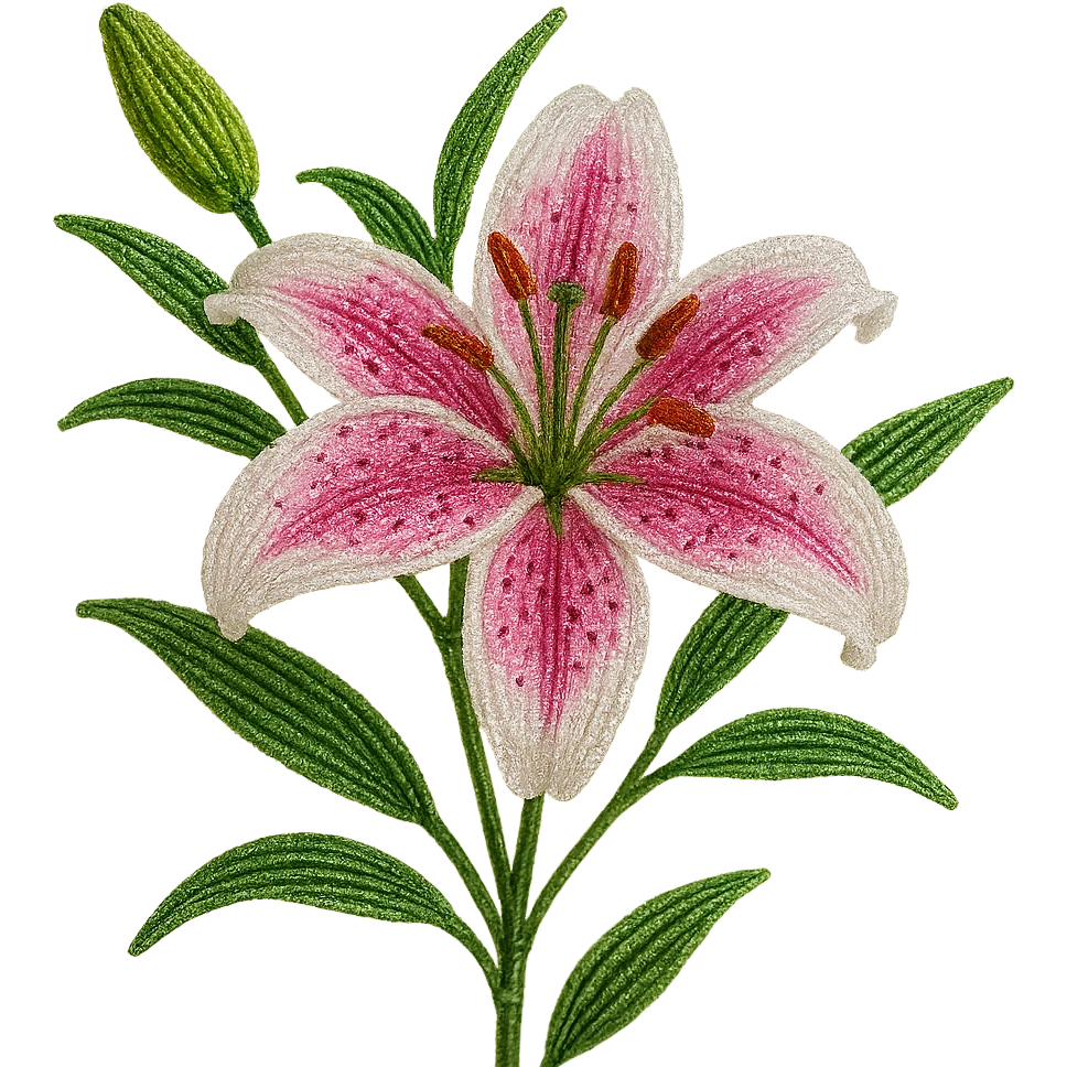 french beaded stargazer lily, floral craft, sparkling glass beads, pink and white gradient petals, green foliage, realistic, elegant, no background emoji