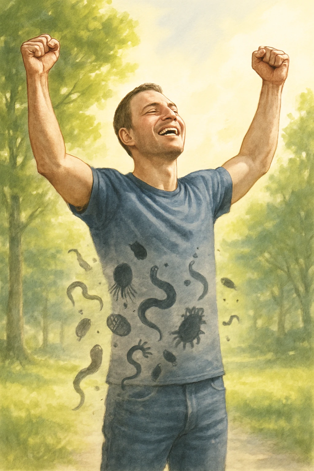 realistic vertical editorial illustration of a man standing outdoors with arms raised in victory, faint shadowy silhouettes of parasites falling away from his body and dissolving into the air, bright natural background with green trees and sunlight, emphasizing liberation and restored health emoji