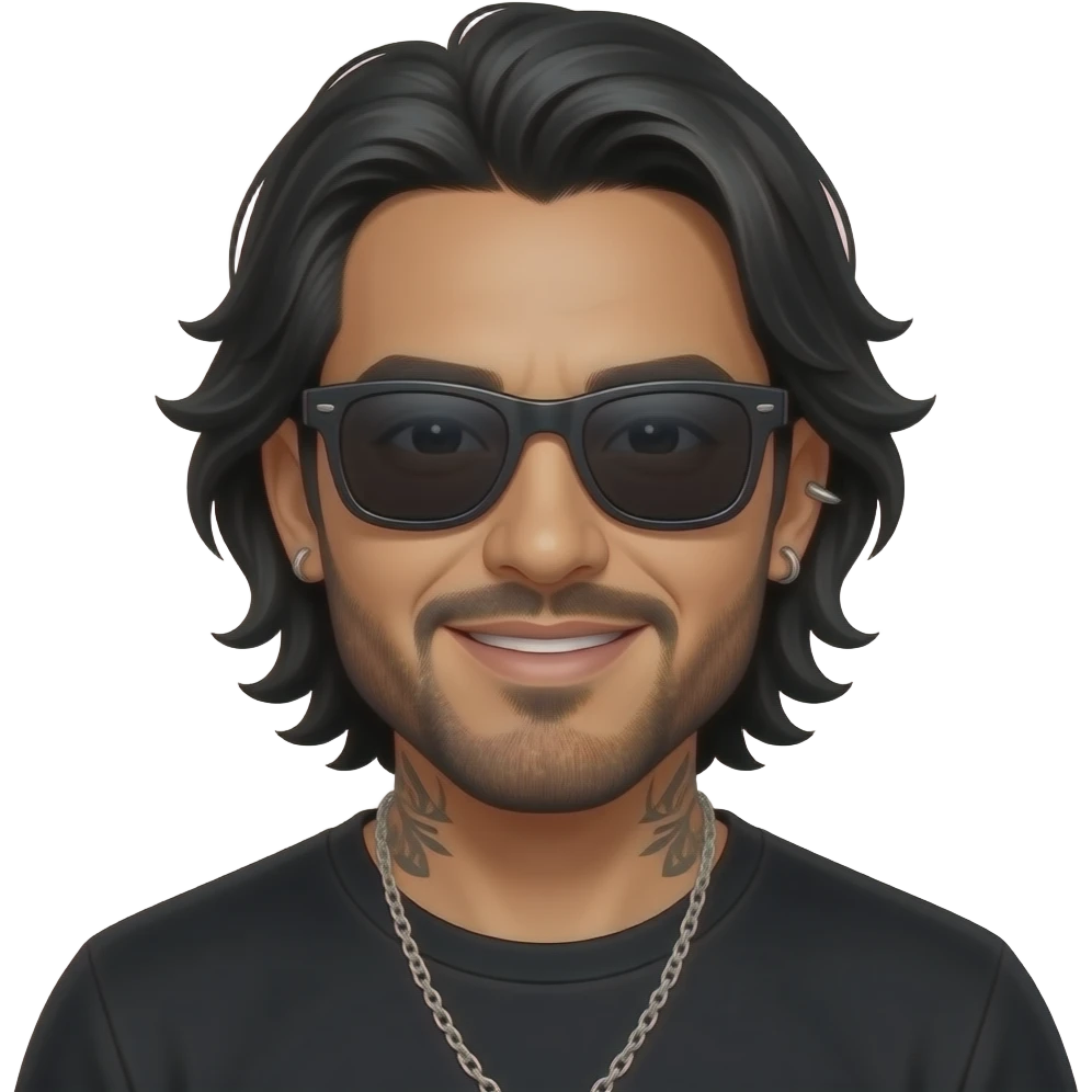 handsome, manly Latino podcast host with black colored eyes wearing black with silver jewelry, with medium length hair, a very long, lightly graying beard and tattoos, his ear pierced and right nostril as well, dark sunglasses. Winks emoji