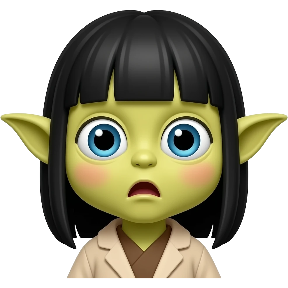 놀란 동공. 커다란 눈. 하얀 동공에 파란렌즈. 요다귀. 노란색 스킨. 붉은 홍조. 이마 주름은 없고 입은 O모양. 앞머리있는 검정 긴생머리 emoji