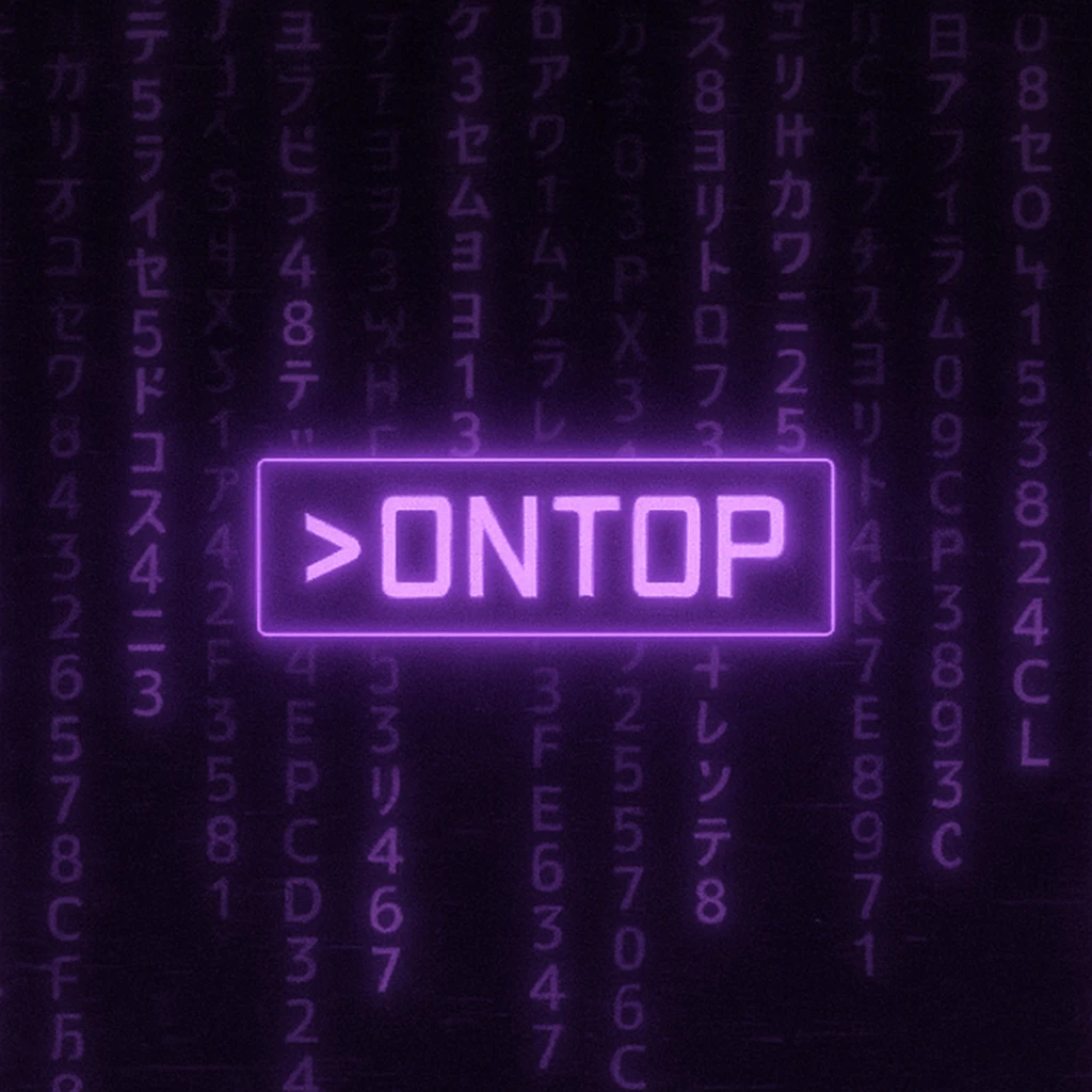 A seamless animated loop of a neon purple cyberpunk banner with glowing text that says ">ONTOP", centered in a rectangular box. The background features scrolling katakana and alphanumeric characters falling like digital rain (Matrix-style), with subtle screen glitches and pulsing light effects. The entire animation should have a moody, futuristic vibe, with soft purple glows and ambient flickers that bring the design to life. Format: 680x240px, looped animation, ideal for a Discord banner. emoji