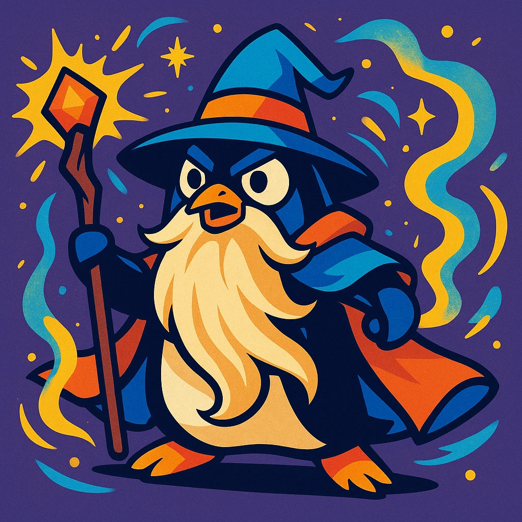 a heroic penguin wizard with a long beard, staff, and magical aura, in a bold, dynamic style, vibrant toon illustration emoji