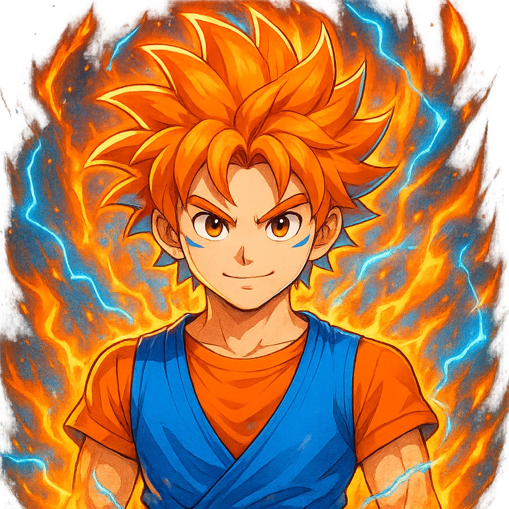 Add a glowing power-up aura around the cheerful anime fighter with wild hair. Keep the background transparent. The style should resemble a vibrant anime illustration with dynamic glowing effects around the character's hair and body. emoji