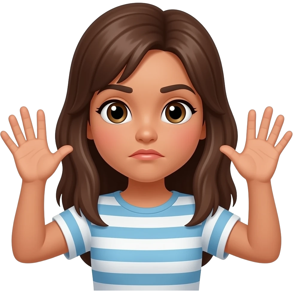 Make it girl with light skin but brown hair having her hands up and face expression being a sarcastic but cute saying “relax” expeession emoji