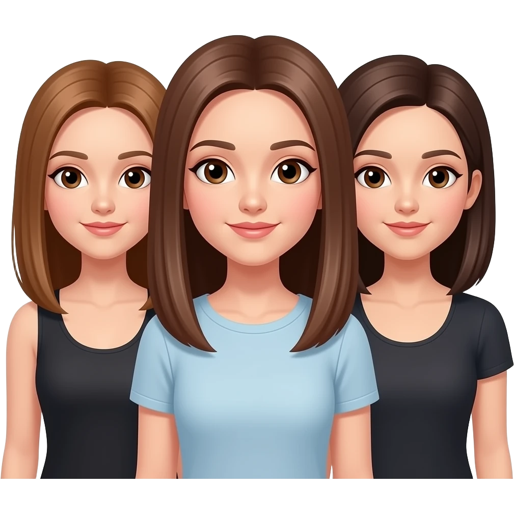 Tres amigas una castaña clarito pelo liso ojos marrones, y las otras dos pelo moreno y liso ojos marrones las tres en la misma altura emoji