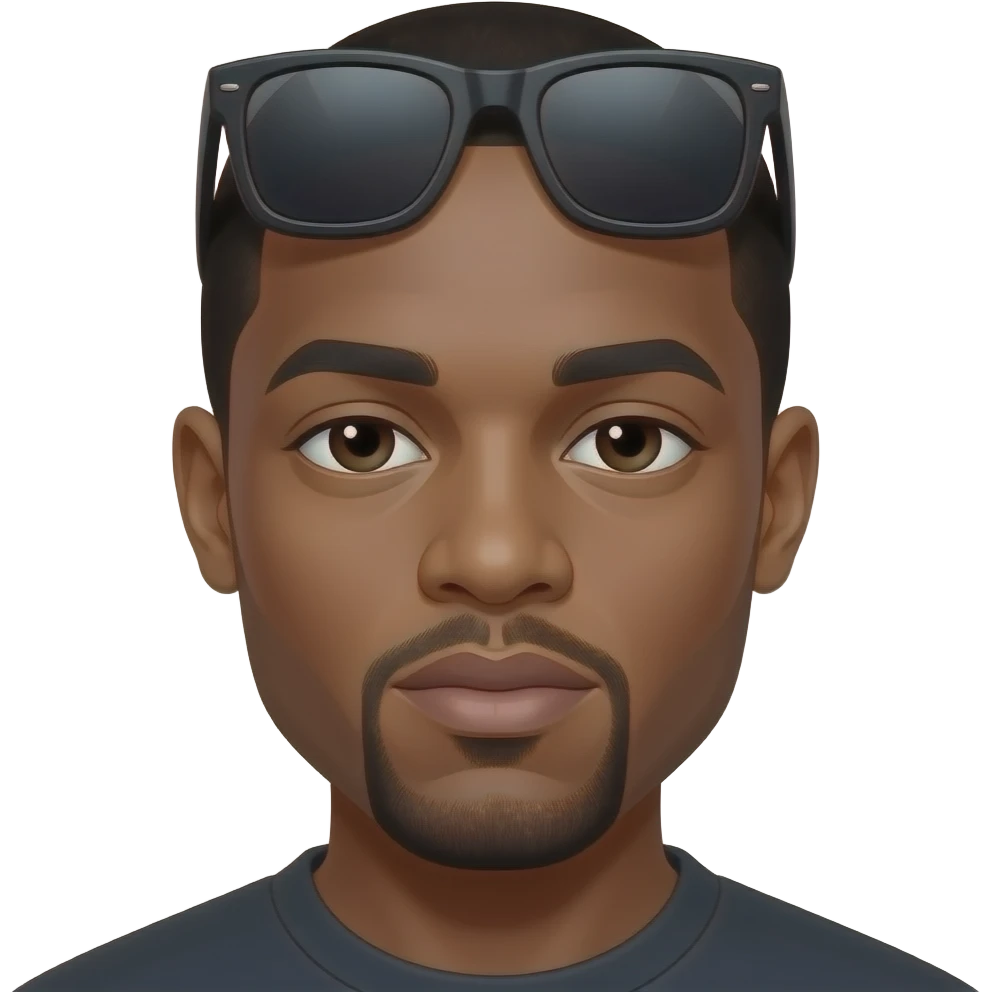 Emoji of Kanye West wearing Yeezy sunglasses on his head, "Bully" album cover art style, monochrome, grainy, dramatic lighting, detailed, sticker style, white background [1, 2, 3] emoji