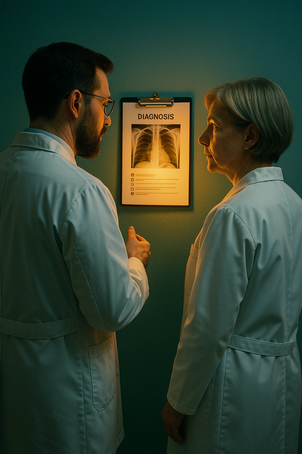 Realistic, detailed photo taken from behind of two doctors—a bearded man and a middle-aged woman—standing and facing each other as they discuss a diagnosis in front of a medical chart. The scene is illuminated by a yellowish, orange, warm light that softly envelops the doctors. The entire room is bathed in a single green-blue color, creating a cohesive and modern atmosphere. Both doctors wear white coats, and their body language suggests a serious, professional conversation. Shot with a Canon EOS R5, with high detail and natural depth of field. emoji