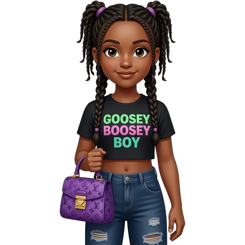 Very, very hyper, realistic, black girl wearing cute dark washed jeans, holding a purple Louis Vuitton bag has very very realistic and small Boho braids and is wearing a cropped top shirt that says GOOSEY BOOSEY BOY emoji