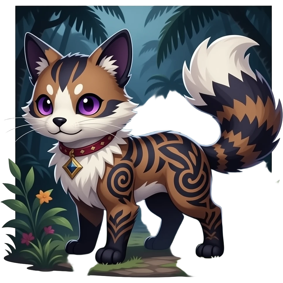 Rare warm-colored exotic gloomy tropical edgy cute epic aesthetic spooky indigo violet white black red gothic colorful Salandit-Furret-Civet-species-Fakemon-hybrid-creature, with tribal tattoo markings, full body emoji