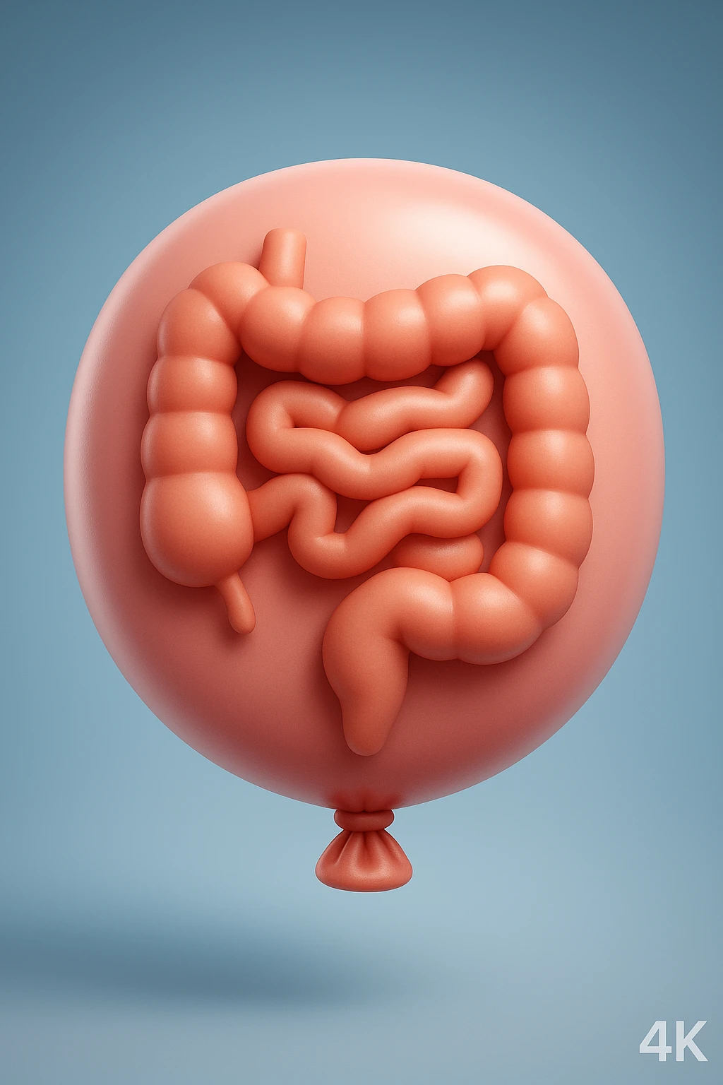 EMOJI STILE IPHONE 3D DI UN INTESTINO CHIUSO IN UN PALLONCINO CHE SIMBOLEGGIA GONFIORE, IPERREALISTICA 4K emoji