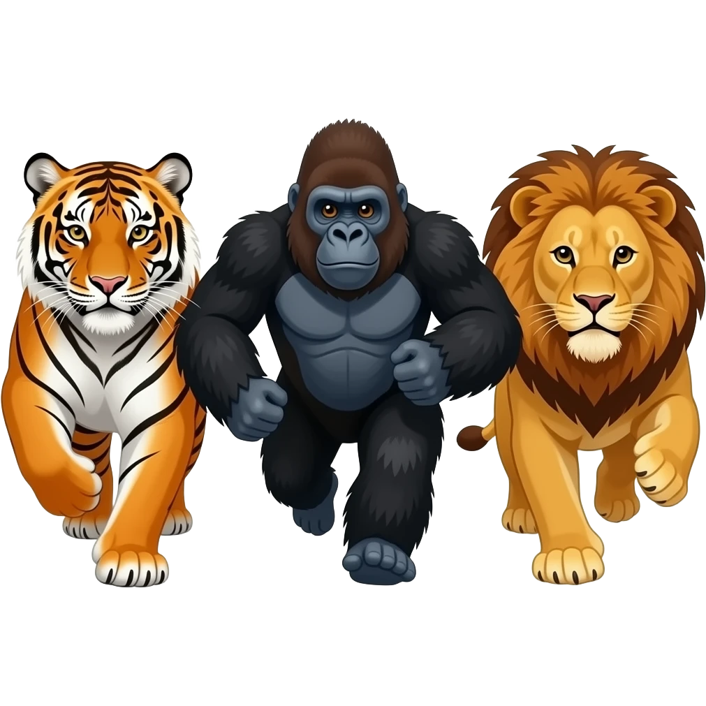 tiger, gorilla and lion running together emoji
