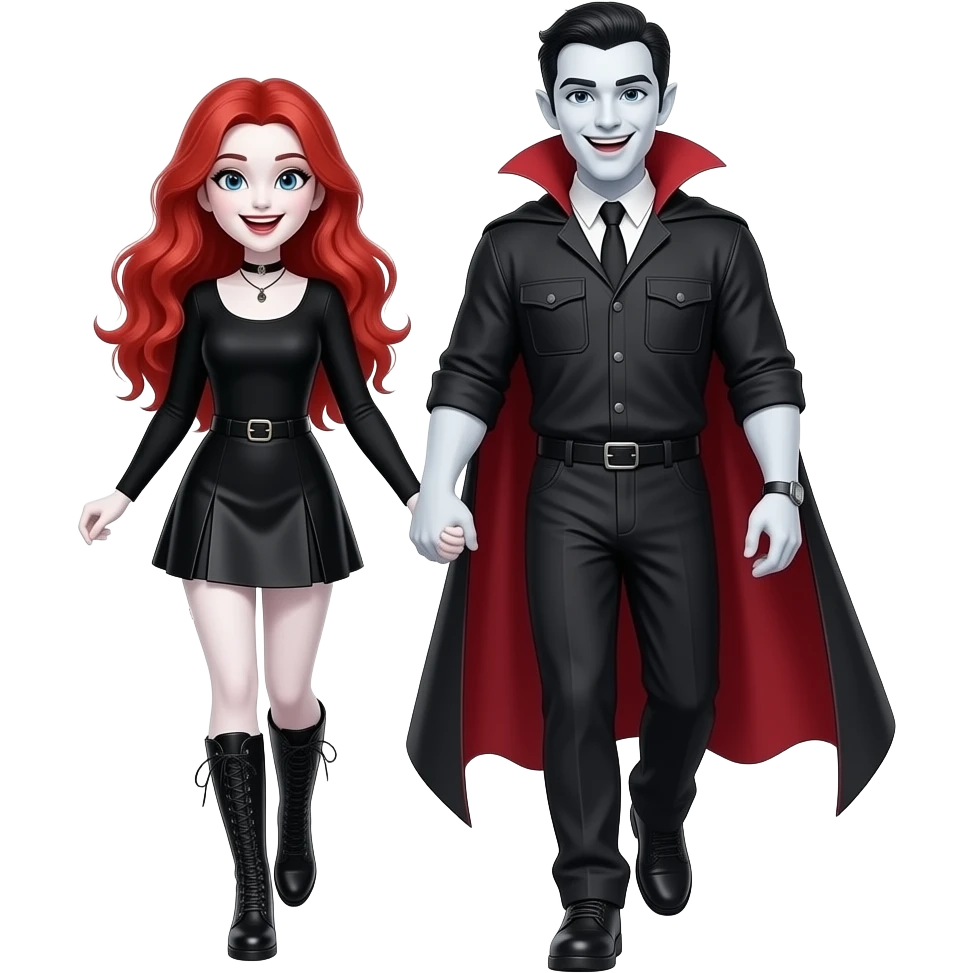 Vampiro femmina ADOLESCENTE con pelle bianca e capelli rossi lunghi che indossa una gonna corta nera e un top con le maniche lunghe e degli stivali lunghi neri con tacco che cammina e tiene per mano il suo ragazzo VAMPIRO con la pelle bianca e la TUTA e sono felici emoji