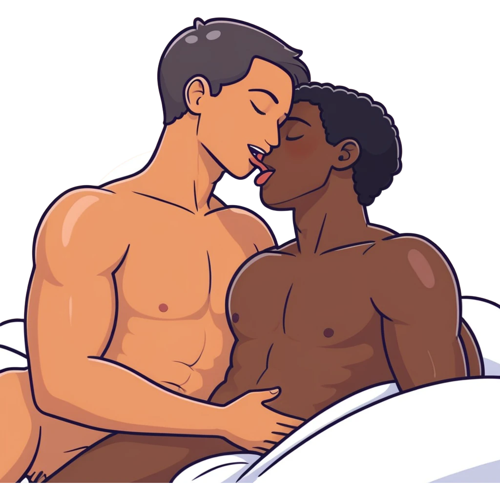 I398.67(((White adult male dark hair))) ,(((Dark skin  adult male))), naked, ((( sexual touching genitals))) , intercourse,spooning, kissing eyes closed tongue open mouth ,penis view, erotic rubbing body, sucking  emoji
