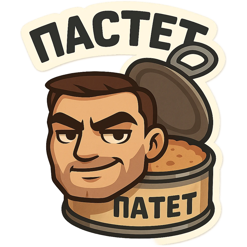 Chibi style open pâté tin can with visible pâté inside, masculine vibe, confident tough expression, half-smile smirk, thick eyebrows, slightly narrowed eyes, calm dominant energy, cartoon but not babyish, strong simple shapes, thick bold outline, muted colors (beige, brown, dark gray), flat illustration, no background, Twitch emote style, readable at small size, text on top saying "ПАСТЕТ" in bold strong Cyrillic letters emoji