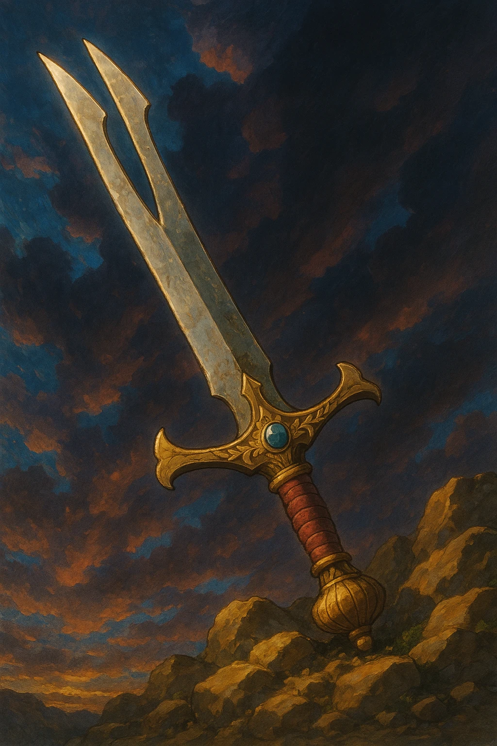 dramatic illustration of a bifurcated sword inspired by Zulfiqar, with two prongs at the blade's end and intricate details emoji