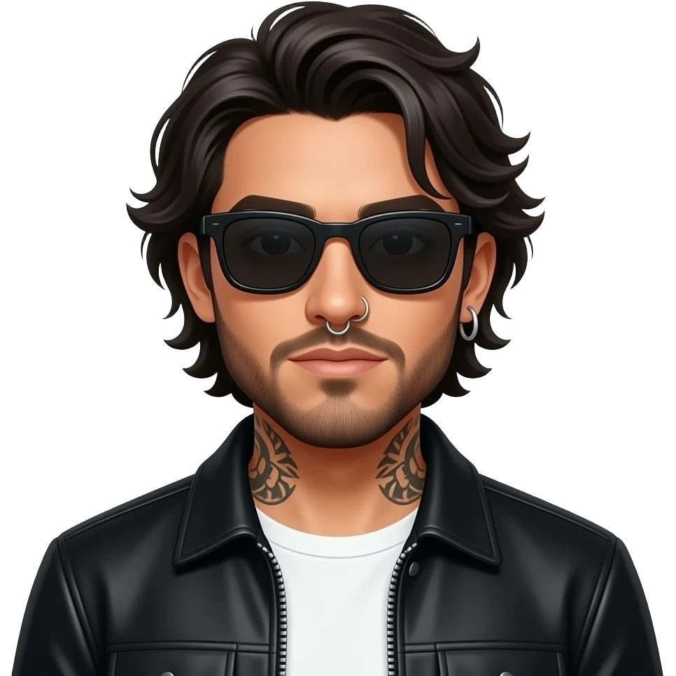 A handsome Latino man with medium length hair and beard and tattoos with a right nose hoop and a left earring hoop wearing all black with a white undershirt and black sunglasses emoji