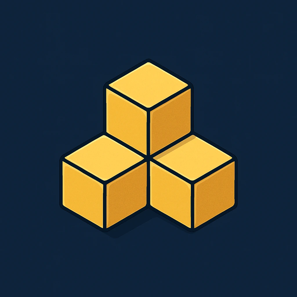 minimalist symbol of three golden (#FFD700) cubes connected, two above and one below forming inverted triangle, isometric perspective, well-defined lines and edges, golden metallic finish, dark blue background emoji