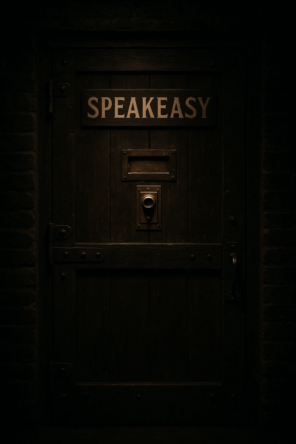 speakeasy door with a peephole, symbolizing secret Chicago mob meetings, dark atmospheric vintage style emoji