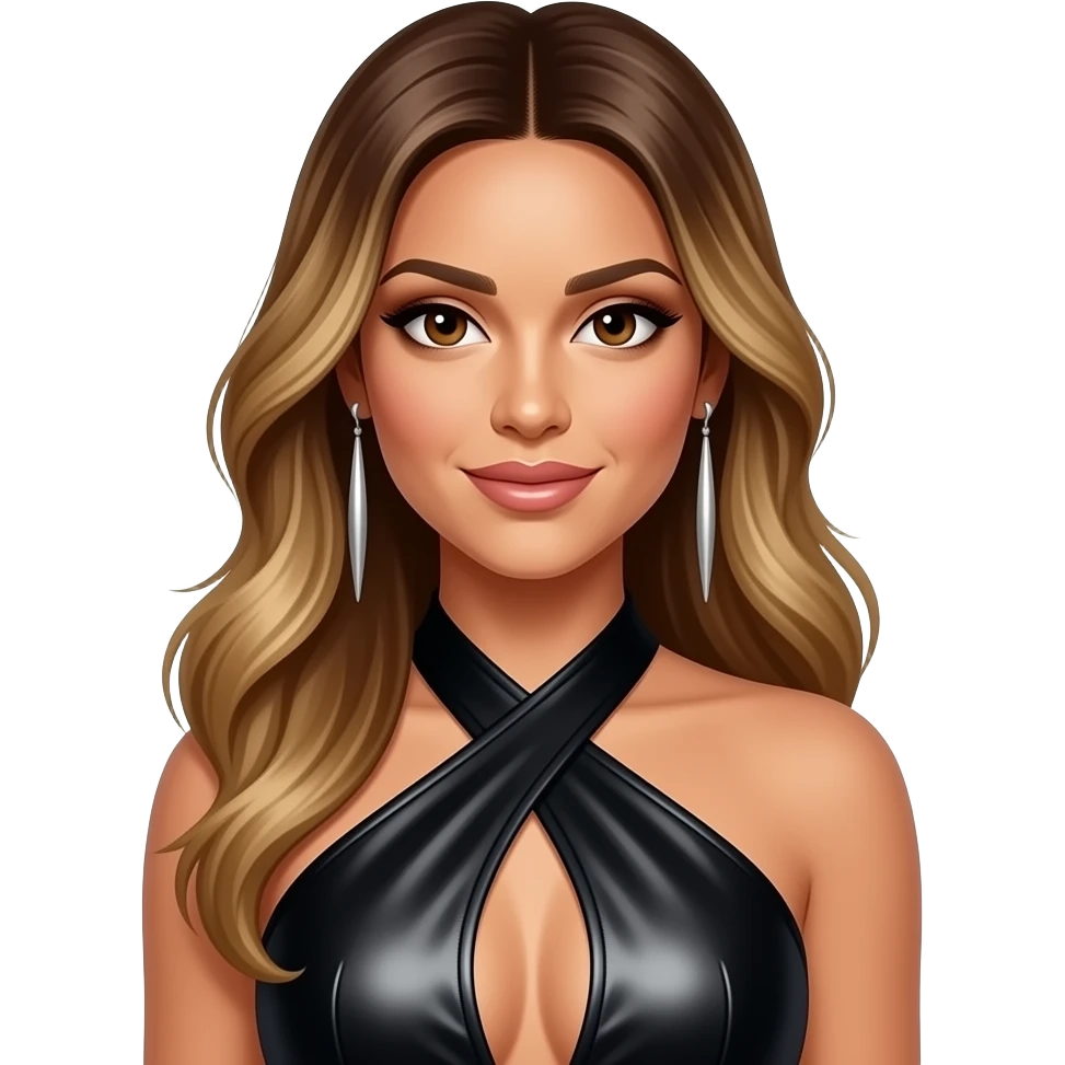 Adrienne Bailon from 3lw with brown eyes, long golden brown hair, black metallic halter dress, silver earrings emoji