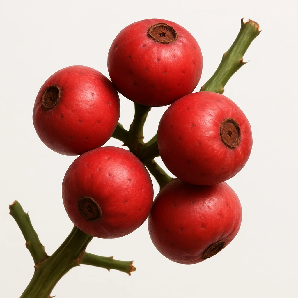 realistic cluster of red round spike-free Stenocereus fruits on a branch with white background emoji