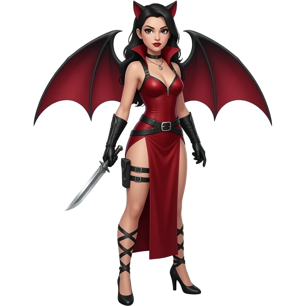 female vampire hunter with butterfly knife dressed in sexy tight tunic and wrap-style high heels emoji