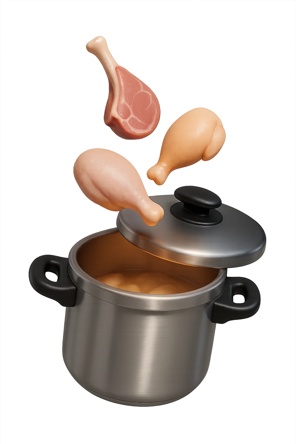 emoji stile iphone in 3d di una pentola a pressione dentro cui cadono agnello, pollo e tacchino crudi da cuocere, iperrealistico 4k emoji