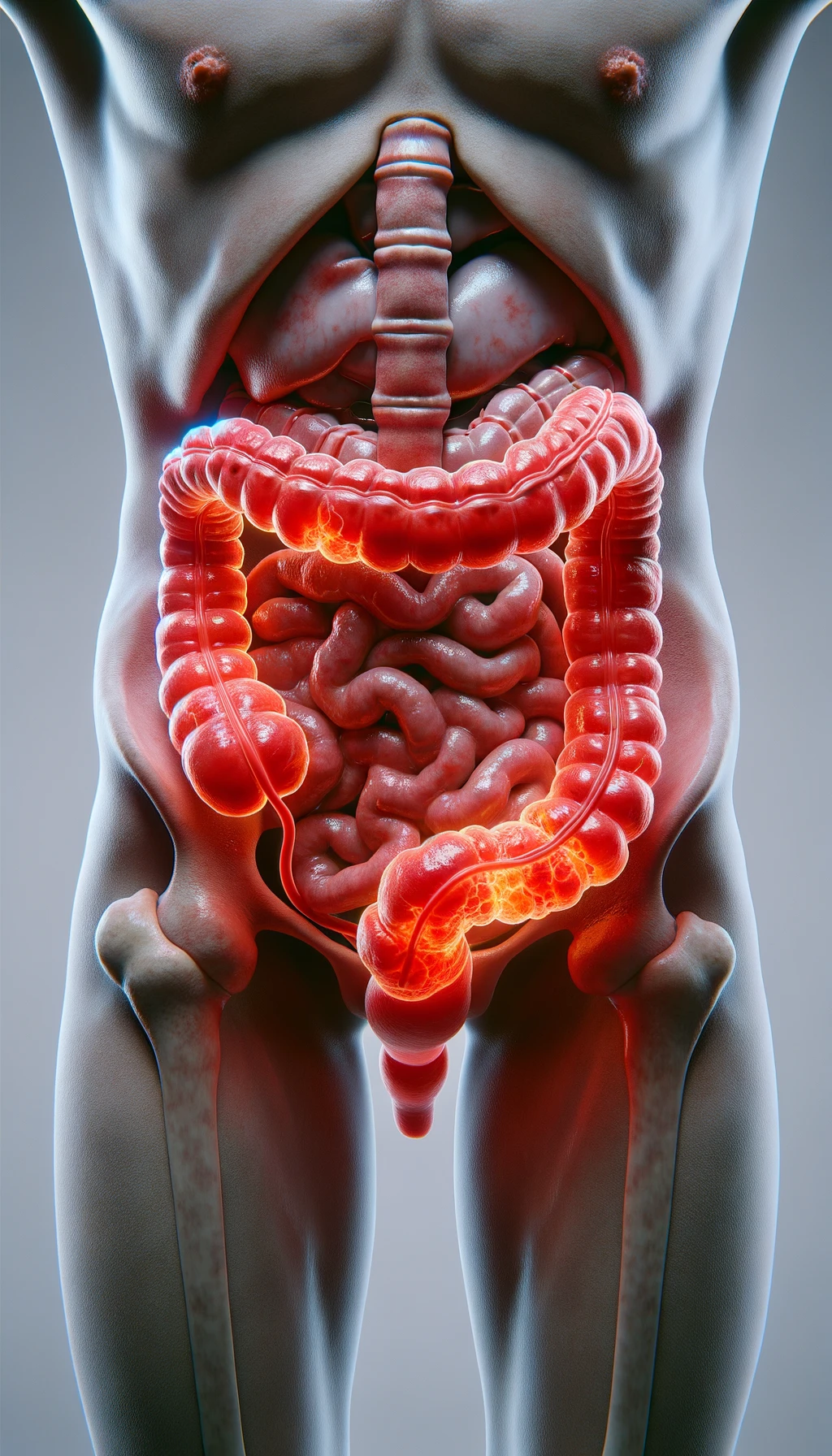intestino umano anatomico infiammato, sfondo neutro chiaro, iperrealistico 4k emoji