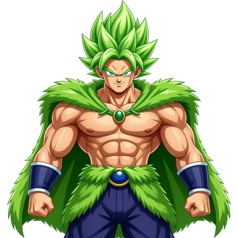 Un broly super poderoso y musculoso con capa peluda y verde y el pelo de un verde florescente y rayos verdes al alrededor emoji