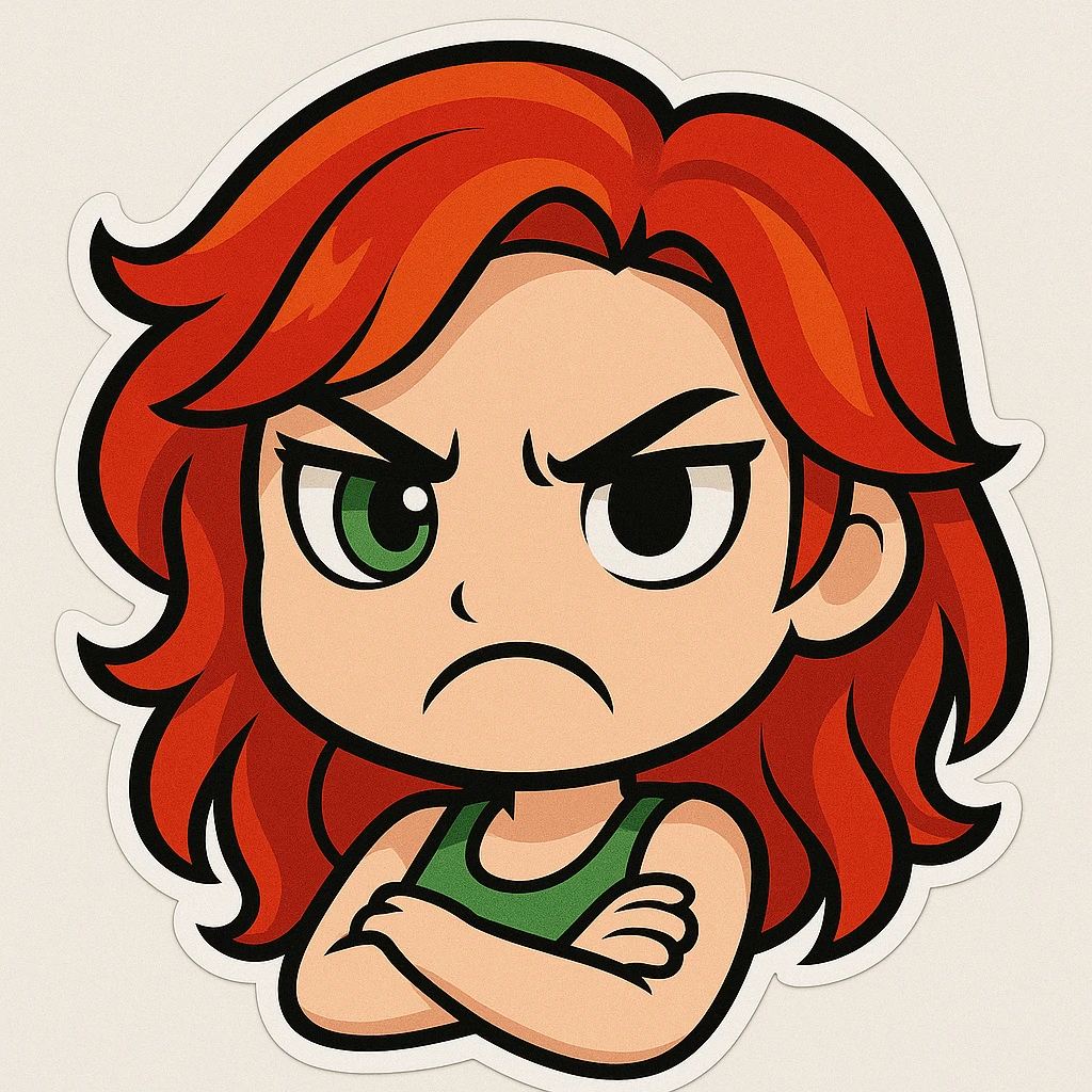 Edit the girl's face to have an angry, frowning expression, keeping the original cartoon style and quality consistent with chibi stickers style. emoji