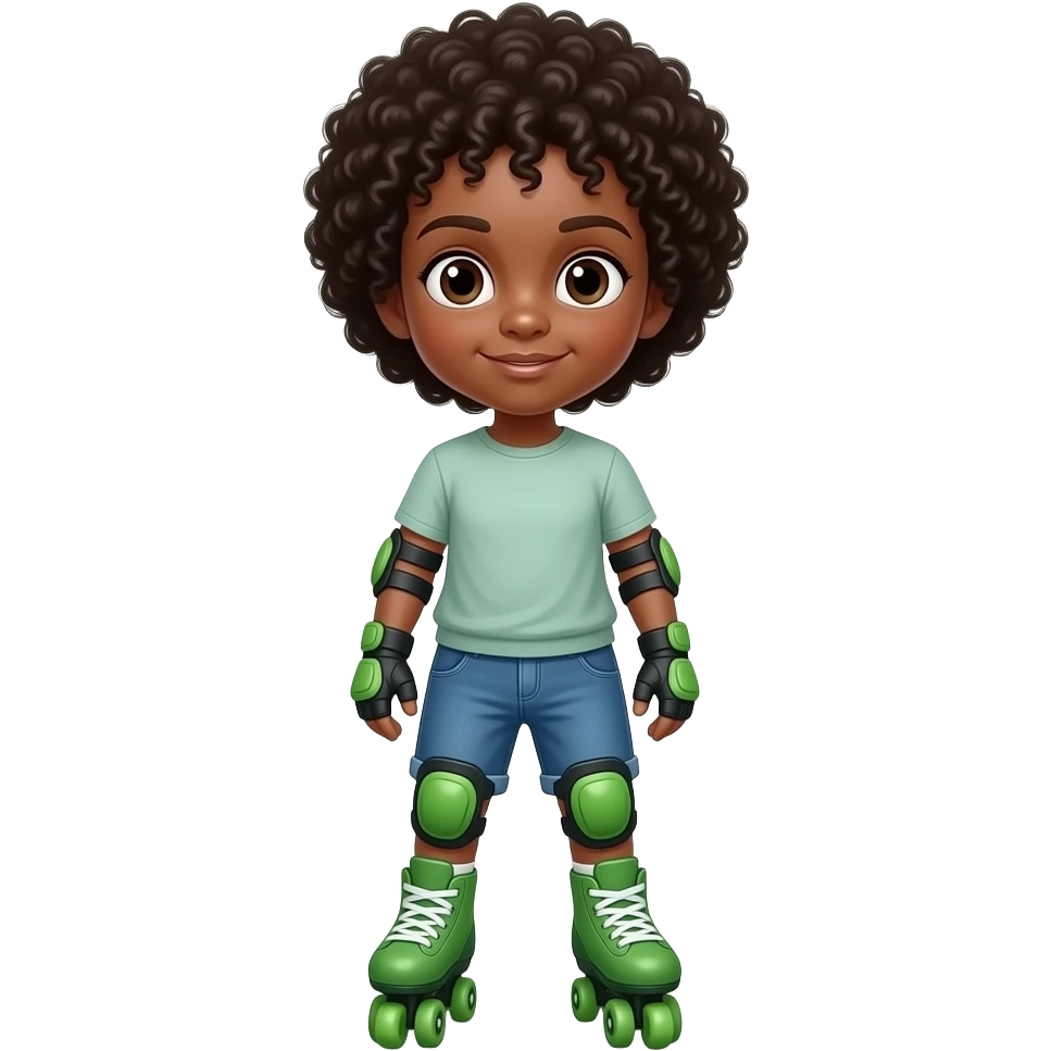 Child black boy curly hair, standing upright, wearing green elbow pads and knee pads, with green  roller skates, ready-to-play expression, front-facing pose. emoji