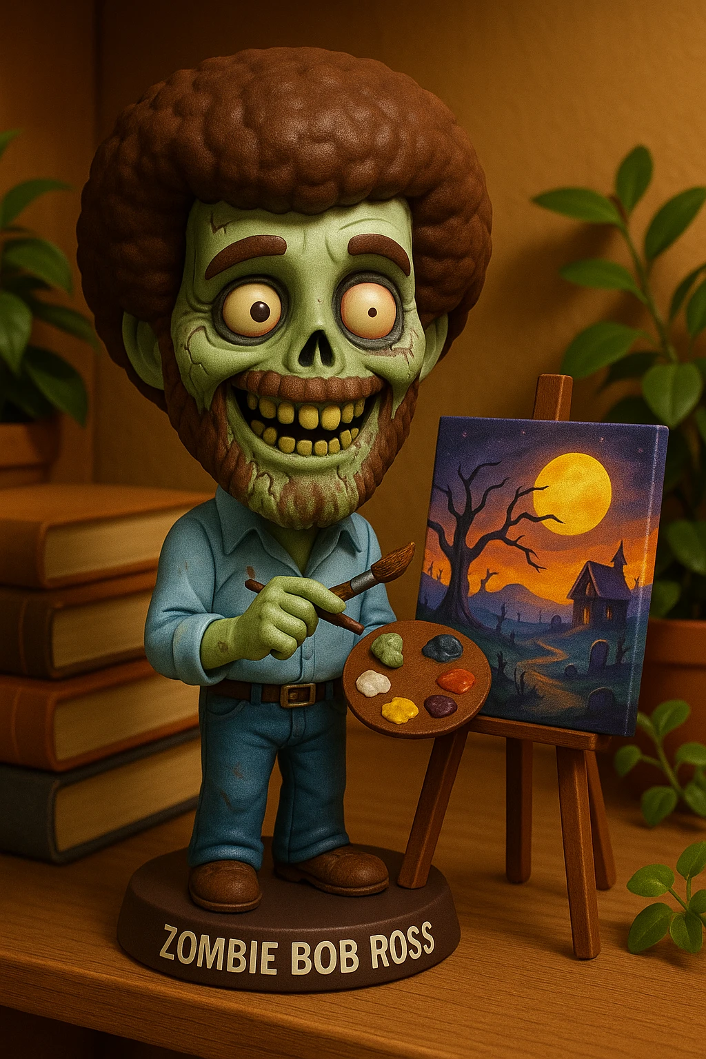 Zombie Bob Ross with a cheerful smile, painting a spooky landscape, in a vibrant, colorful style emoji