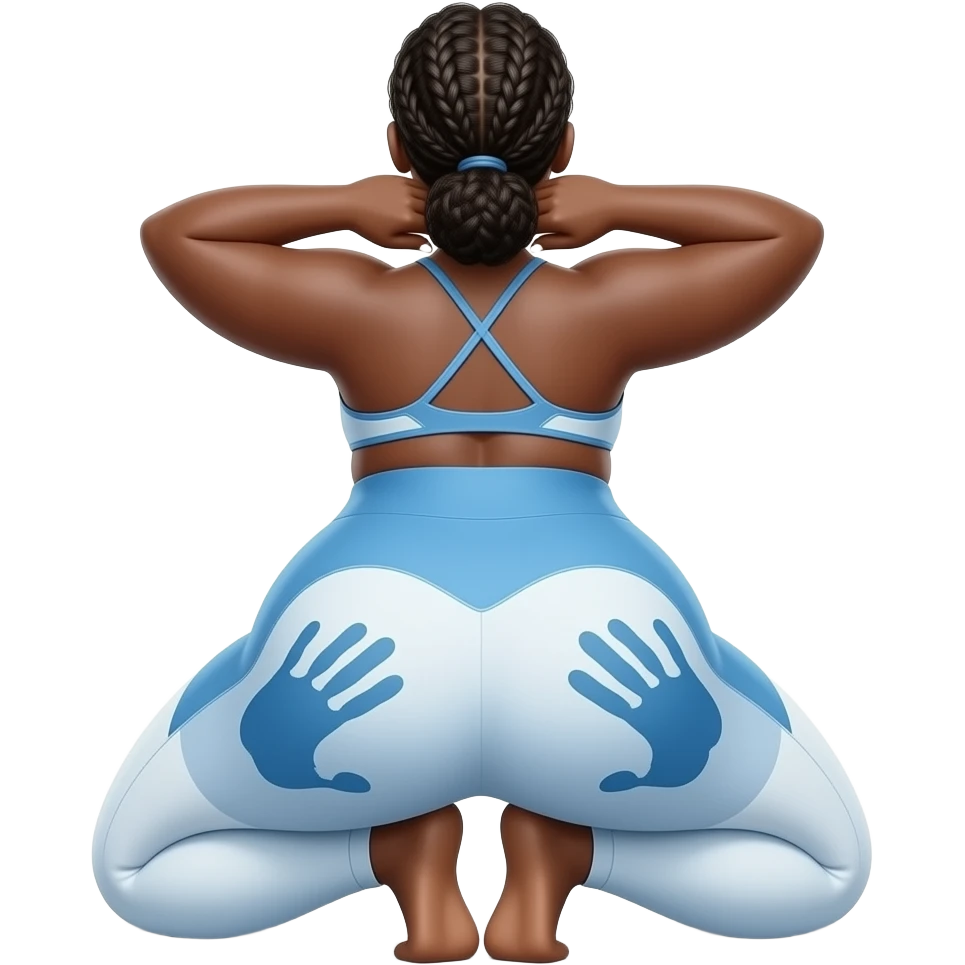 A extremely wide and fat blue and white big booty African showing her yoga pants back her buttocks with putting her hands behind the wall with a dark blue colored hand print on her left buttocks emoji
