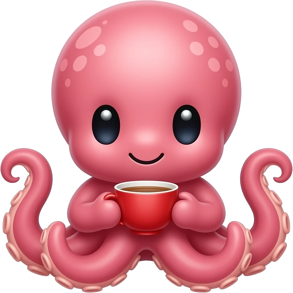 Cute octopus sitting low, holding a red teacup, front-facing whimsical pose emoji