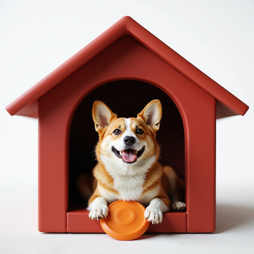 realistic red dog house with a Corgi dog inside, Corgi with a frisbee, photorealistic style emoji