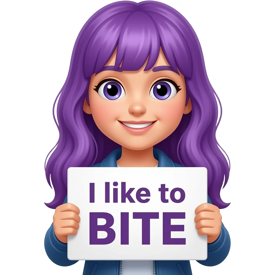 girl with long purple hair holding a I like to BITE sign emoji