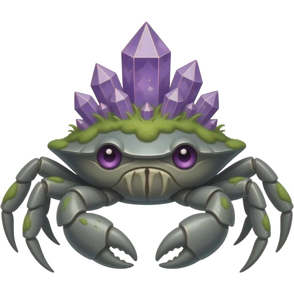 A Gray crab with moss on its back in with purple crystals on its back and also with purple eyes facing forward emoji