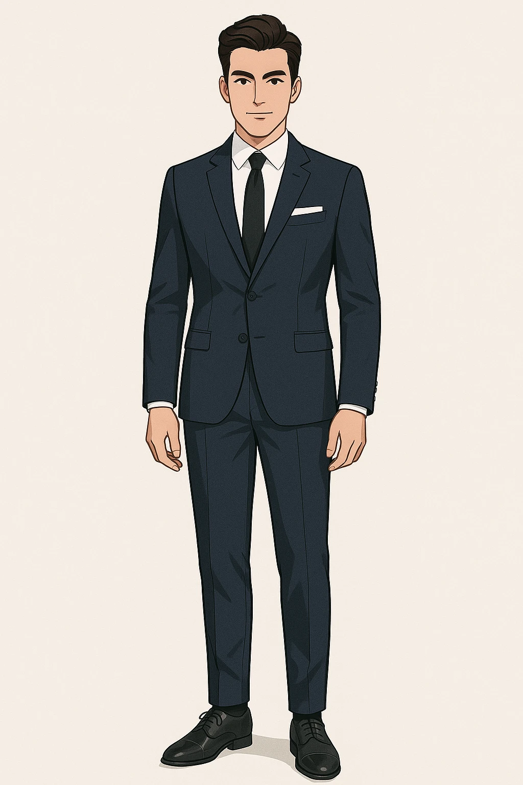 Full-body illustration of a young man with an elegant hairstyle and confident expression, wearing a fitted navy blue suit, white shirt, black tie, and pocket square. He is standing straight with arms relaxed and positioned naturally along his sides. Clean background, modern business look, sharp lines, consistent lighting, matching the previous visual style and character identity. emoji