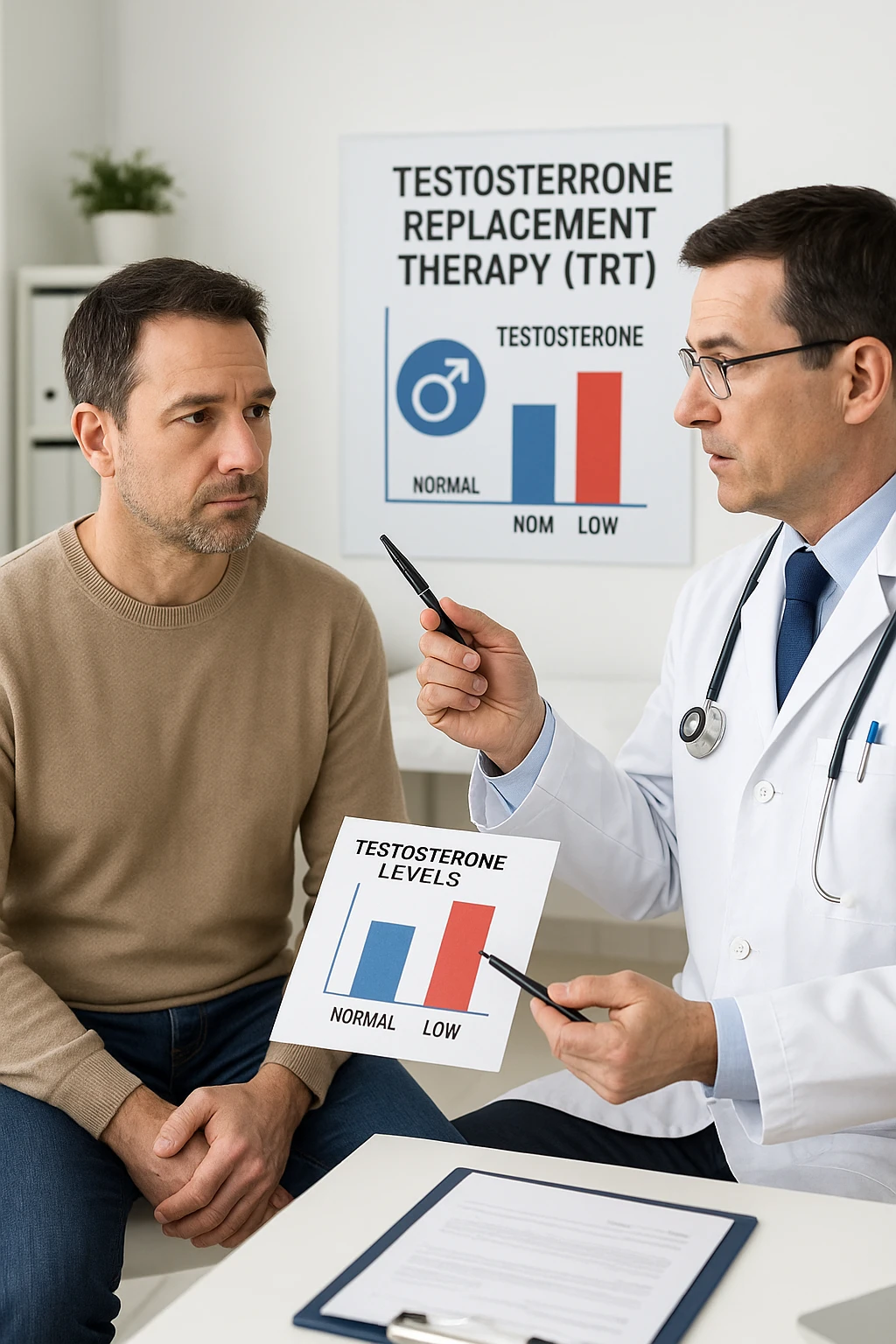 a man in his 40s sits in a doctor’s office, listening attentively as a physician explains TRT (Testosterone Replacement Therapy). The doctor holds a prescription pad and points to an educational chart showing testosterone levels. The mood is professional and informative, with a clean, clinical background. emoji