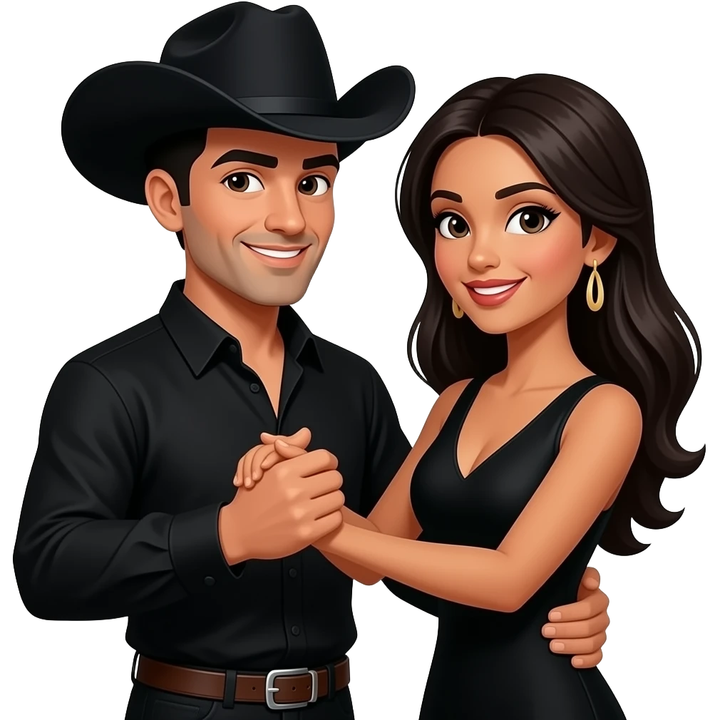 una pareja vestidos de negro el hombre con ropa negra y sombrero de vaquero negro y la chica con vestido negro  bailando quebradito el baile mexicano emoji