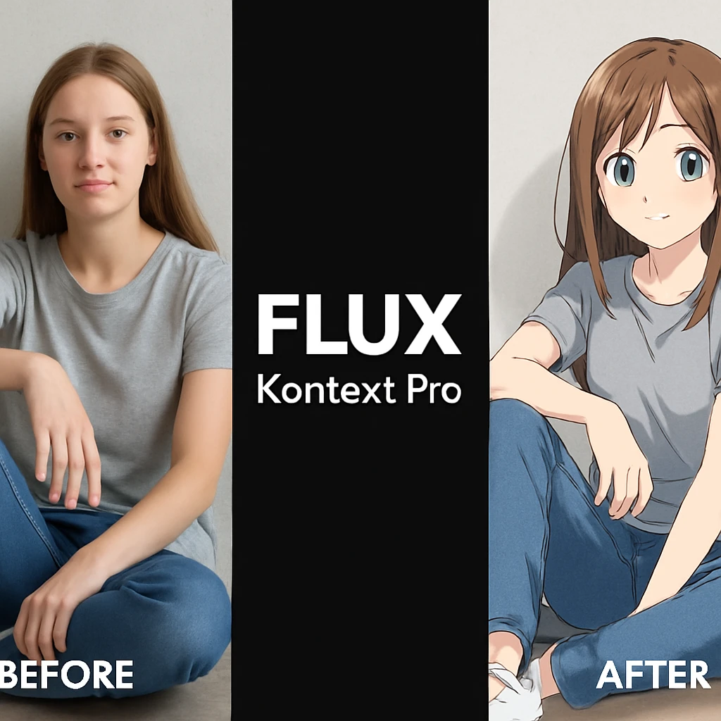 create before after image of a girl before is realsitic photo, after is anime version of her in same pose and clothes, add logo with text of a "FLUX Kontext Pro" in middle in big, black background emoji