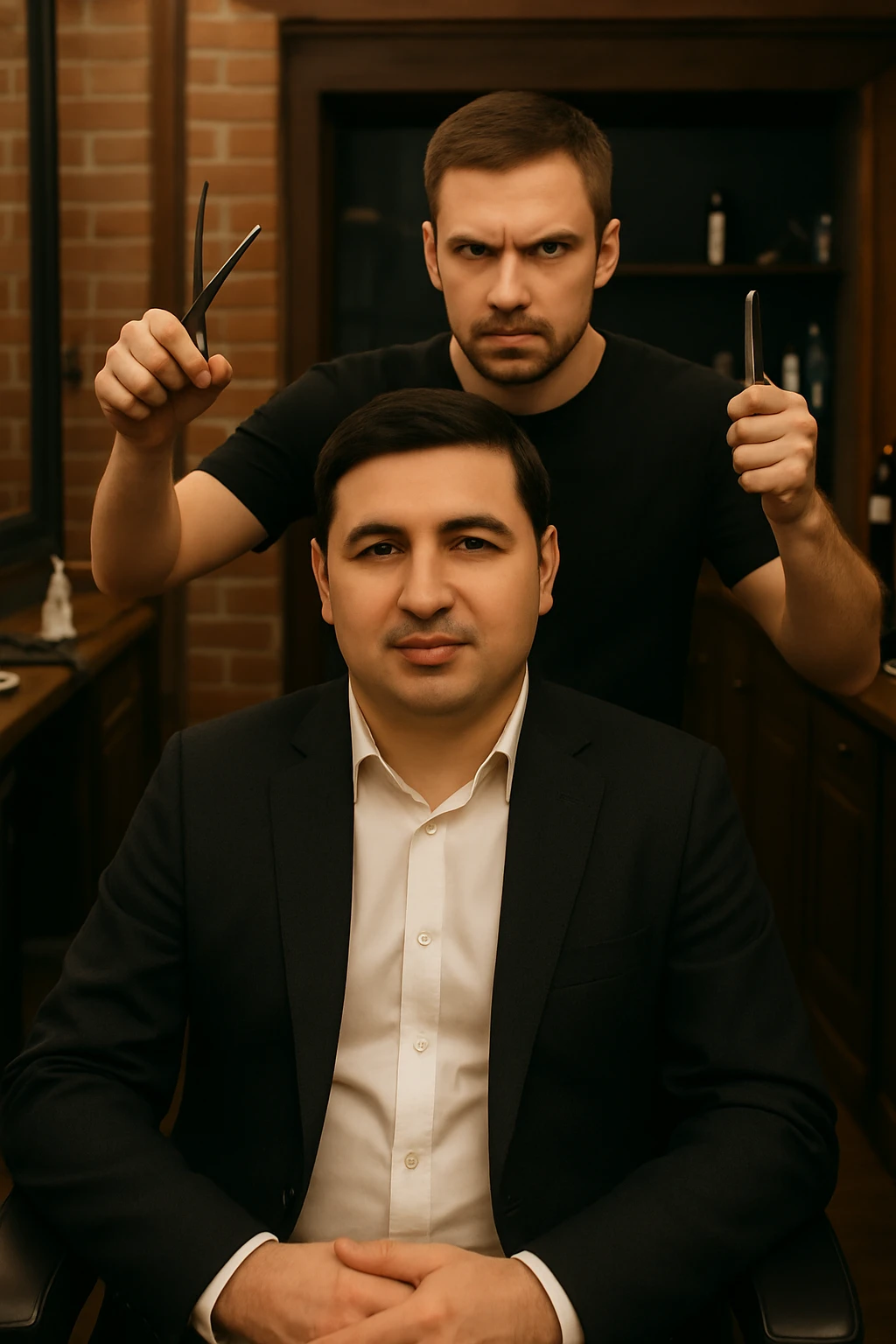 endi esa birinchi rasmdagi odamni yuzini sartaroshni yuziga qilib ber emoji