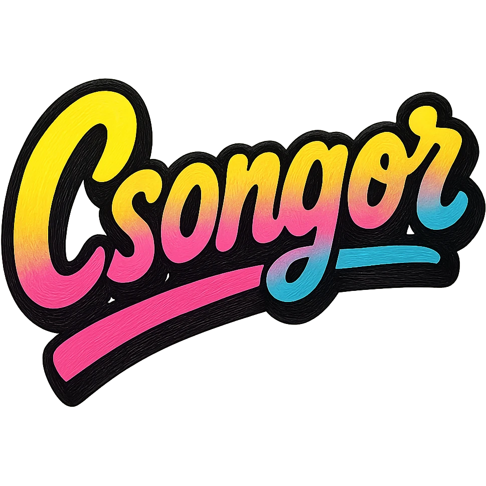 The name 'Csongor' in a modern, colorful gradient font with a dark outline, dynamic, slanted or partial underline, in the style of reference patterns. emoji