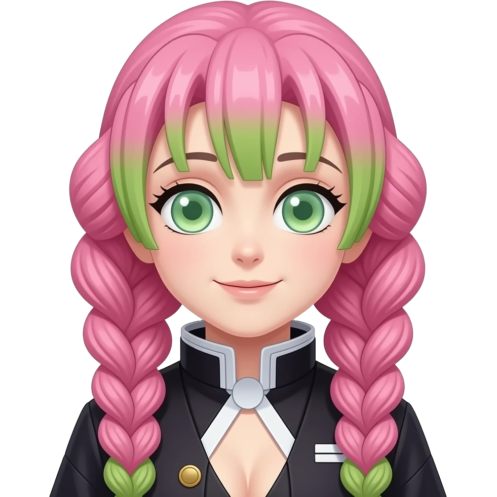 girl named mitsuri that has three braids and the botom of her bangs are green and her braids are pink emoji