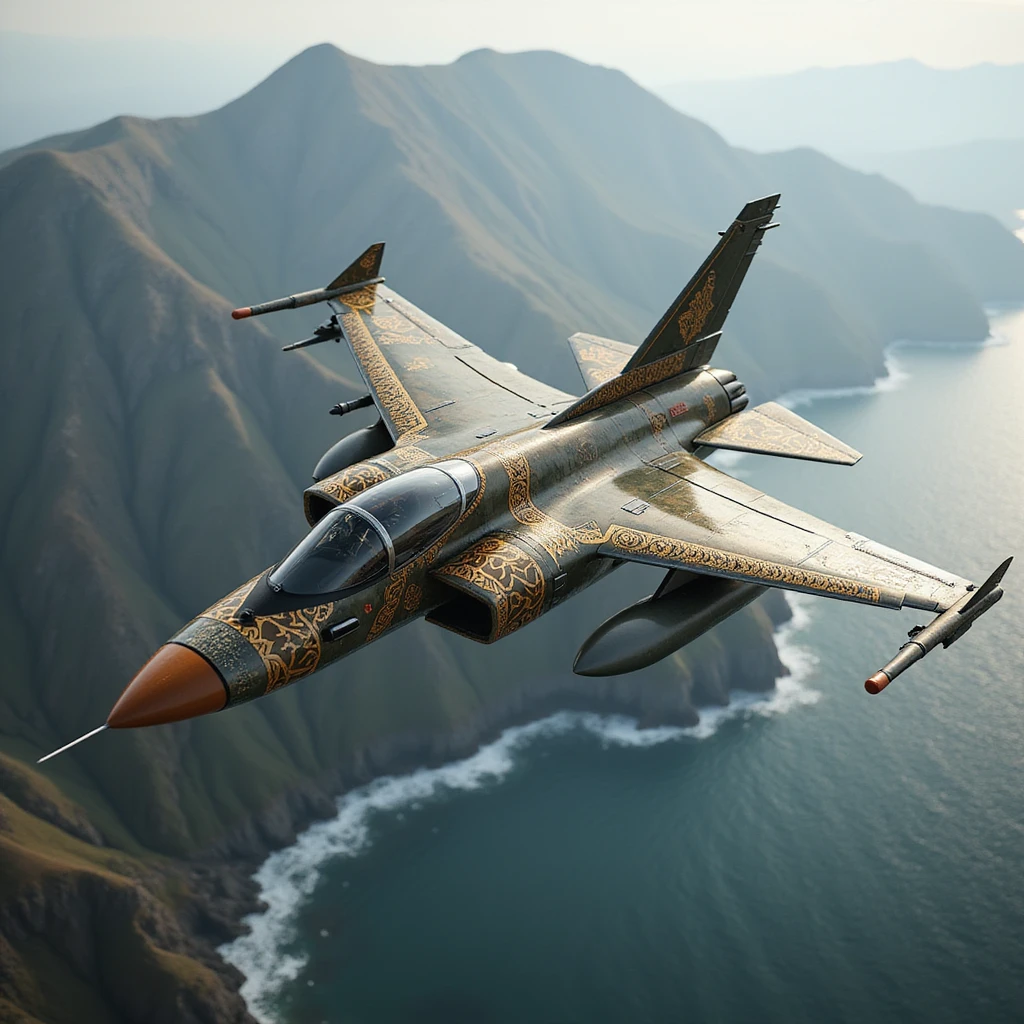 photorealistic military jet inspired by fusion of Viking, Ottoman, Old Norse designs, camo patterns and decorative elements from Turkish, Greek, Indian, European cultures, wood, iron, gold, titanium materials, flying over dramatic Scottish valley and sea, visible influences from all listed cultures emoji