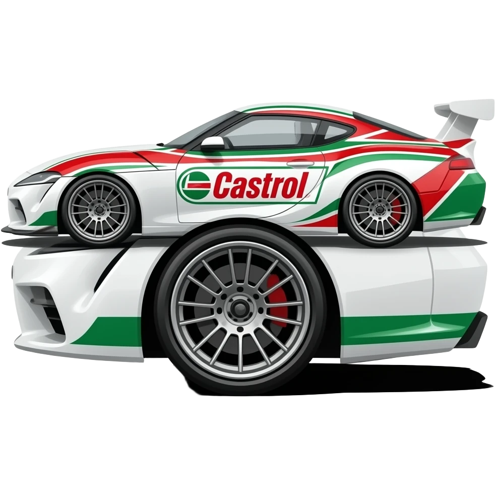 Toyota supra race car, toms supra, castrol, White, red, green, replica of original race livery ,side view emoji