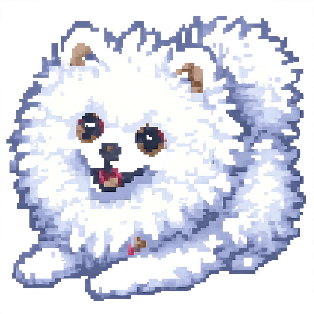 Make the white Pomeranian much fluffier and cuter in pixel art style, with no background. Preserve the pixel art aesthetic and enhance fluffiness and cuteness. emoji
