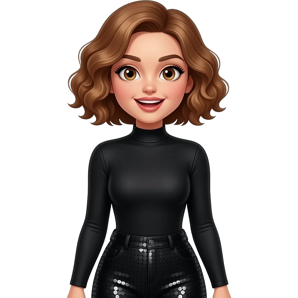 glamours,-tanned,-very-beautiful-girl,-with-big-pump-peach-beige-rose-lips,-long-long-lashes,-honey-silky-very short- hair,-wavy-hair,-hazel-eyes-in-black-long-sleeves-bodysuit-black sequinned pants-excited - from waist up. emoji