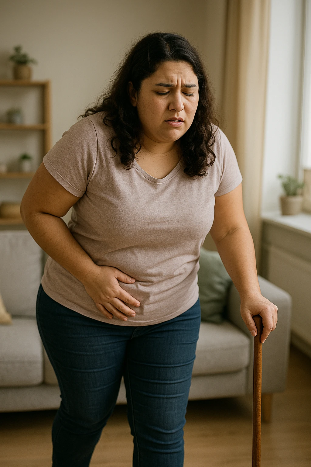 Donna con problemi difficoltà nella deambulazione a causa della sua PCOS, immagine realistica emoji